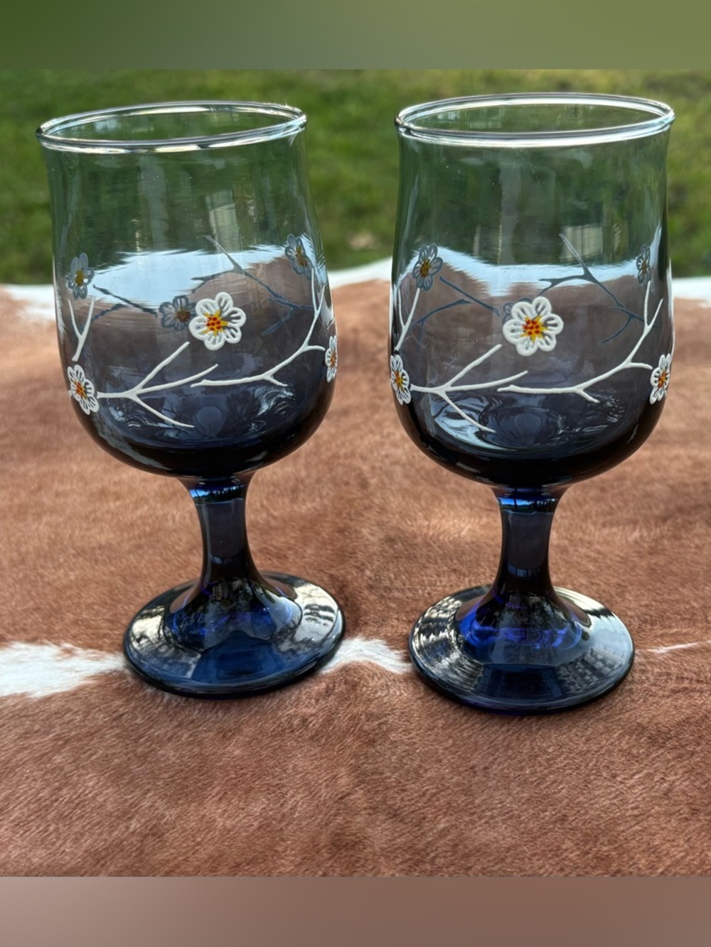 Hand-Painted Blue Goblets with White Floral Vine (Set of 2)